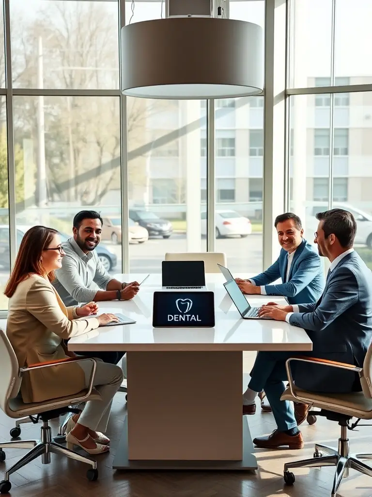 A diverse team of digital marketing experts collaborating in a modern office, brainstorming strategies for outpatient and dental growth, representing Seshank AI Labs' comprehensive approach.