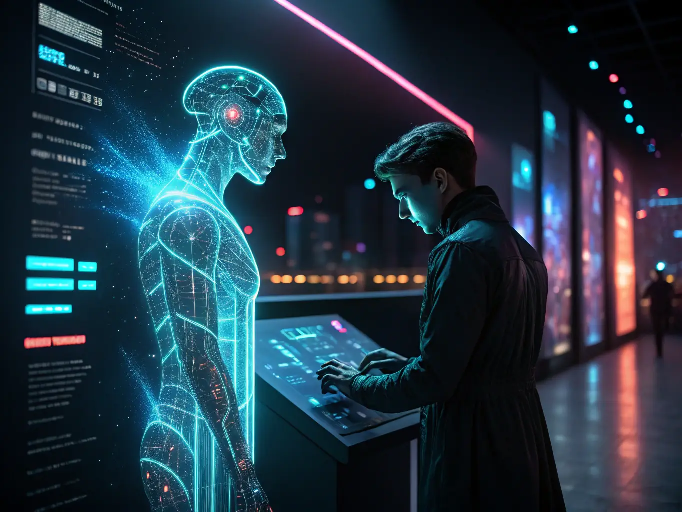 A digital illustration depicting an AI agent sifting through vast amounts of data, highlighting key leads in the Aerospace & Defense industry, with a focus on precision and efficiency.
